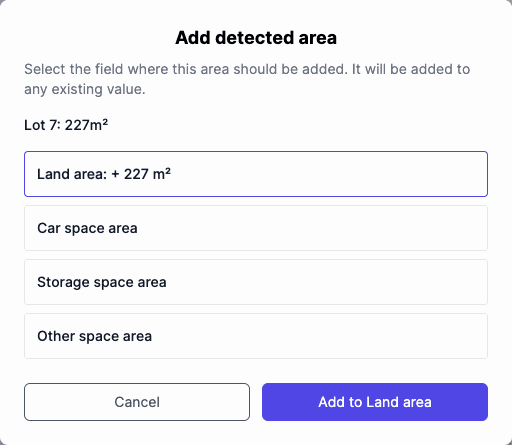 The Add detected area dialog with the area field options