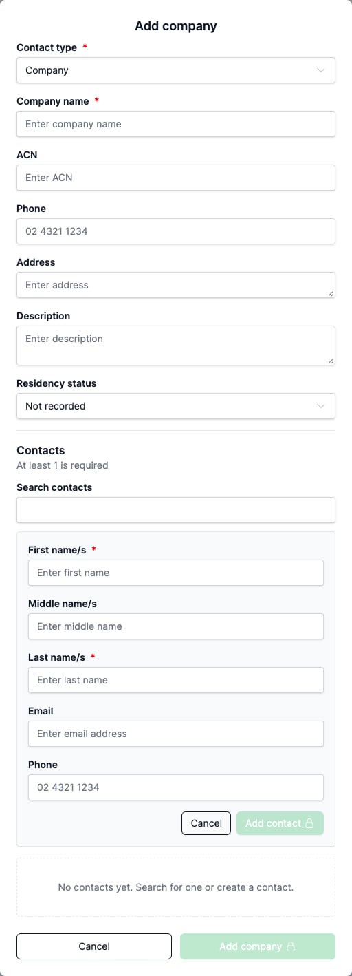 The Add company form with company details, Residency status and the Contacts section for linked individuals