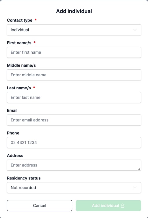 The Add individual form with name, email, phone, address and Residency status fields