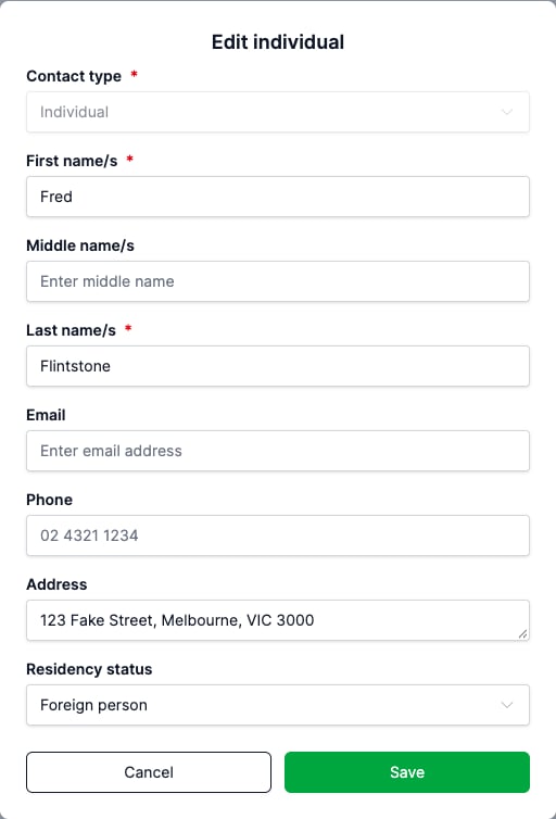 The Edit individual form for an existing contact, with Residency status set to Foreign person