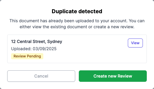 The upload dialog listing an existing review for the same file, with View, Create new Review, and Cancel actions