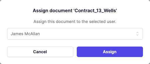 The Assign document dialog with the searchable user picker