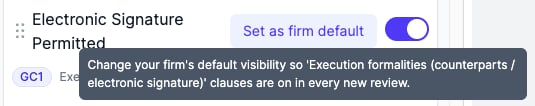 Set as firm default beside a toggled clause, describing the new default for its category