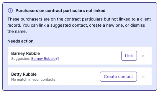The Purchasers on contract particulars not linked notice, with a suggested contact to link for one purchaser and Create contact for the other