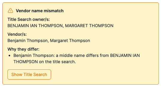 The Vendor name mismatch notice listing the title search owners and the vendors, explaining that a vendor's middle name differs from the title search
