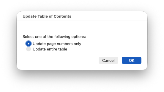 The Update Table of Contents dialog with the Update page numbers only option selected