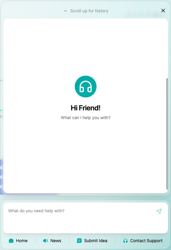Support panel showing chat, news, idea form, and ticket form