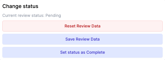 The Status card on the Finalise tab with the Reset all data button