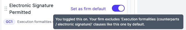 A clause toggled on, with the explanation saying the firm excludes its category by default