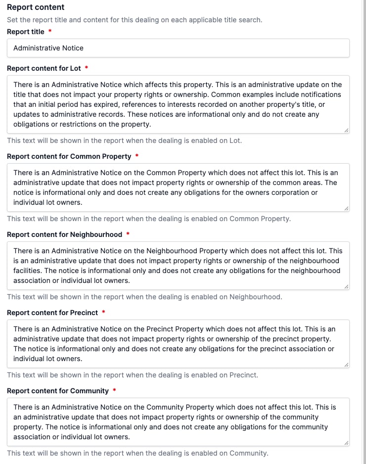 The side pane for editing a dealing, with one Report title for all property types and Report content set per property type