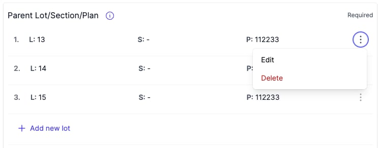 Editing the Parent Lot/Section/Plan list