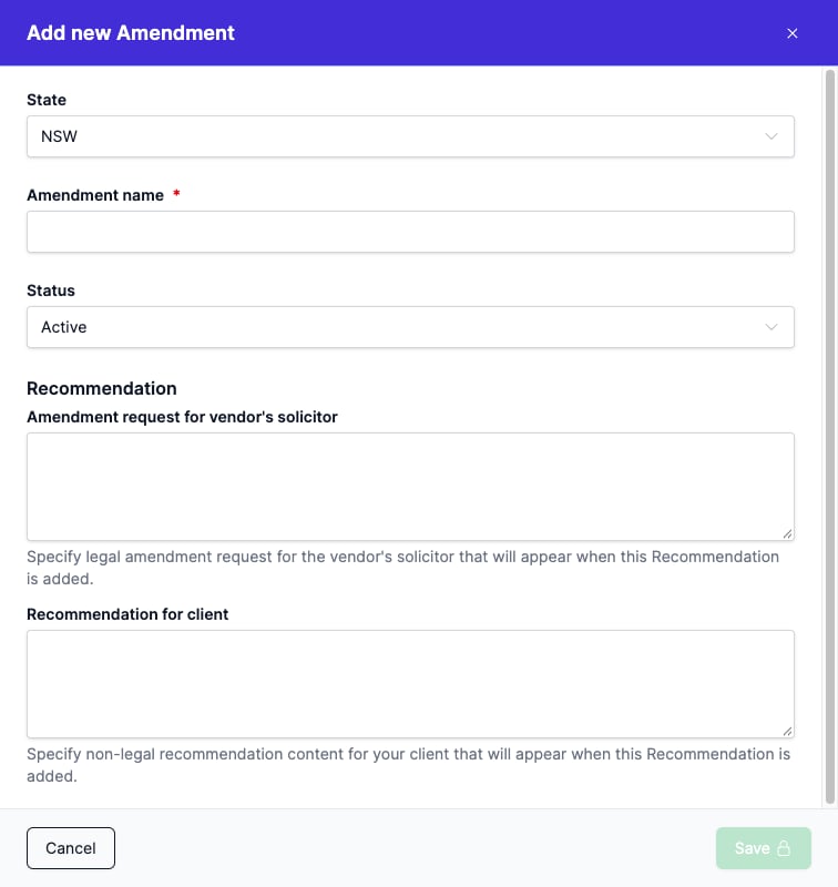 The Amendments side panel with the State, Amendment name, Status, and text fields