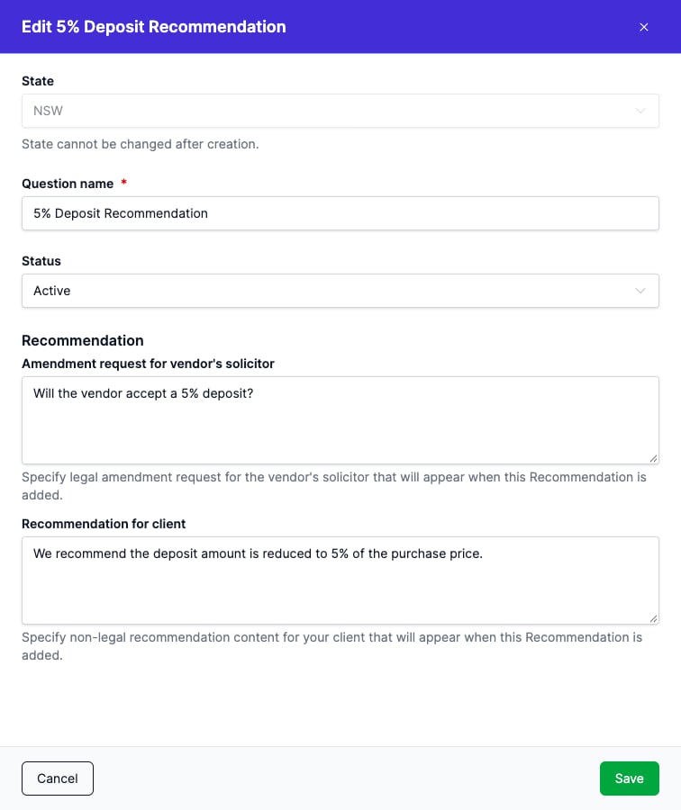 The Questions side panel for editing an entry