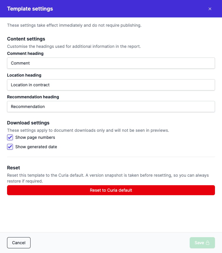 Template settings panel showing content settings, download settings, and the reset option