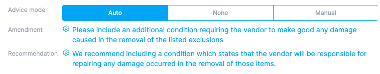 An Auto-mode field with the Amendment and Recommendation filled from the rule and marked with the blue cog icon