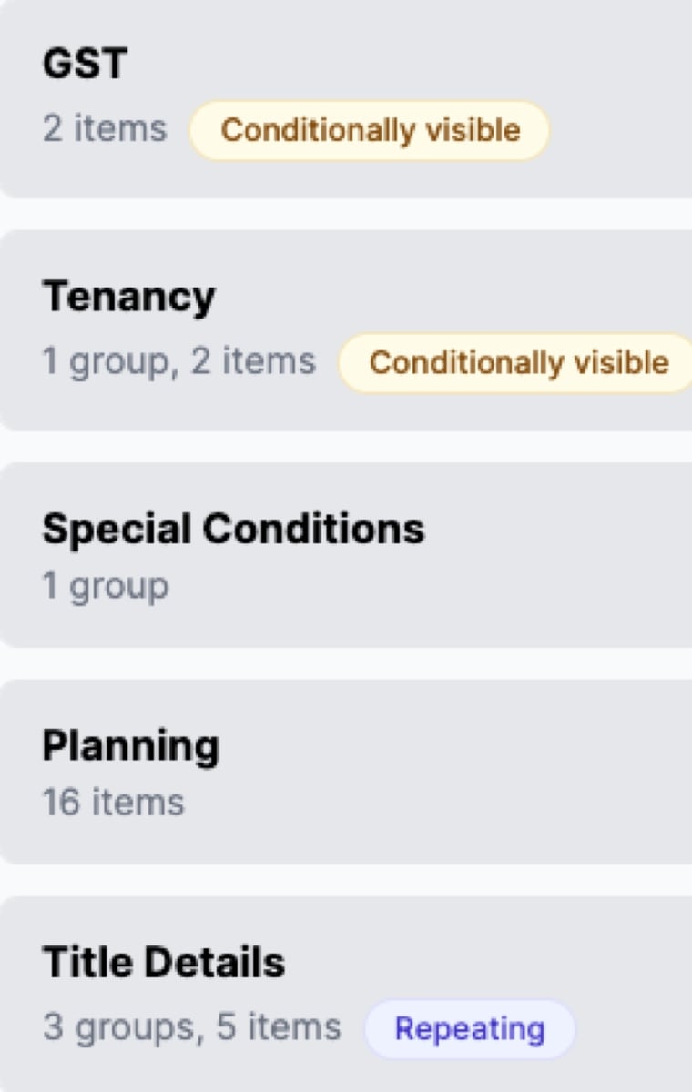 Section headers with Conditionally visible and Repeating badges