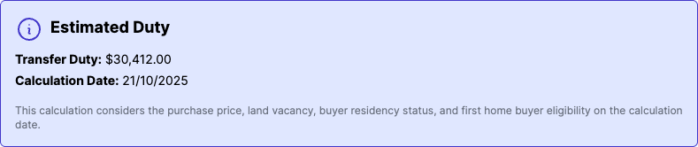 Estimated Duty card on the Exchange tab for an Australian resident purchase
