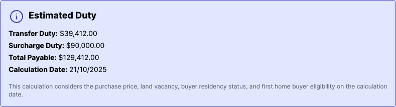 Estimated Duty card showing a foreign buyer surcharge