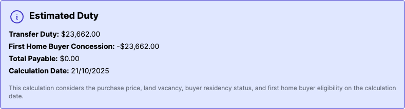Estimated Duty card showing a full first home buyer exemption