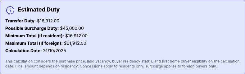 Estimated Duty card showing a range for unknown residency