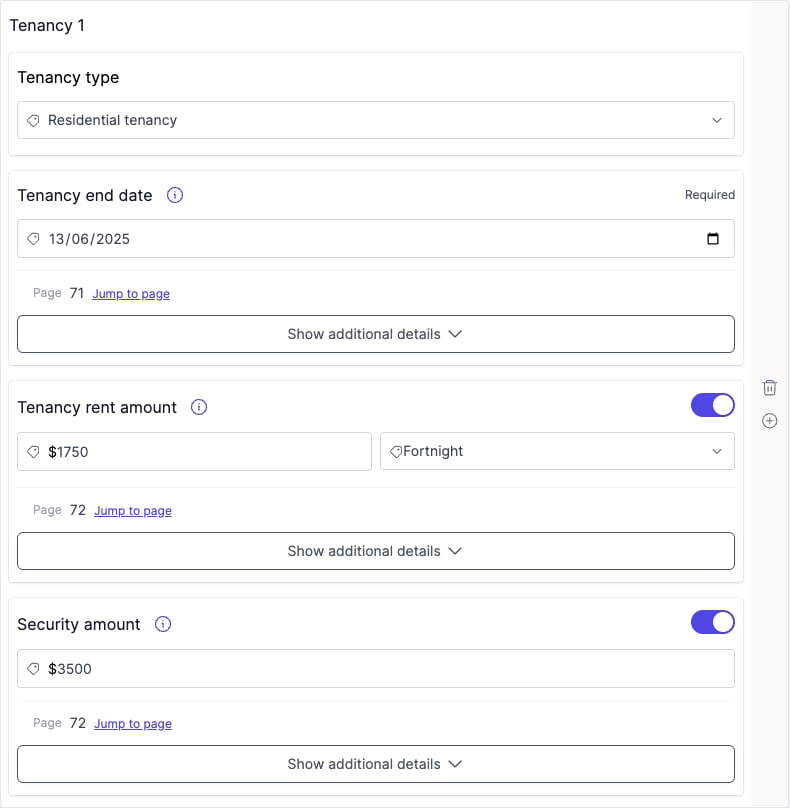 A single tenancy agreement on the Tenancy tab with all four fields populated