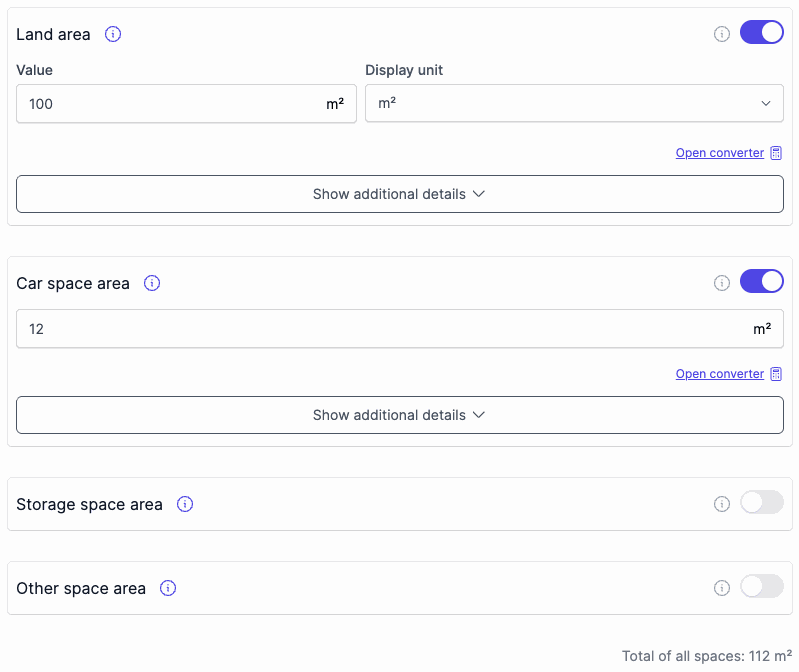 The Area tab showing the four area fields and the total of all spaces