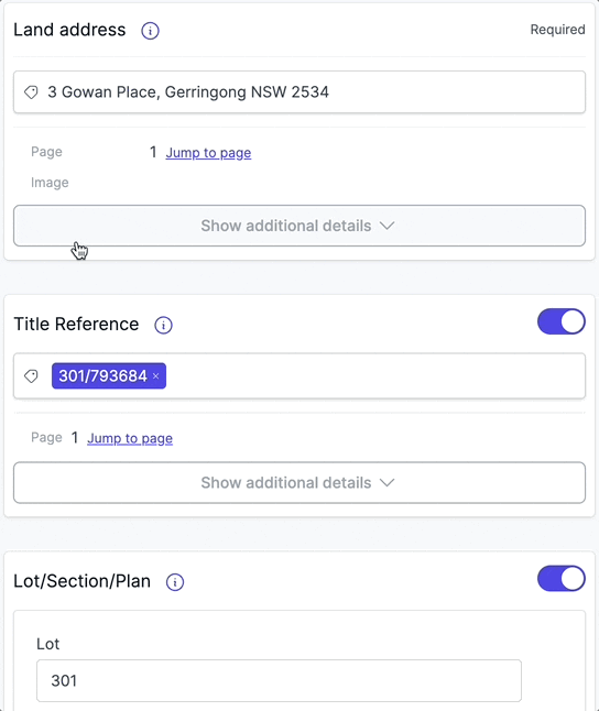 A field expanded by Show additional details, exposing page, reference, comment, risk and recommendation controls